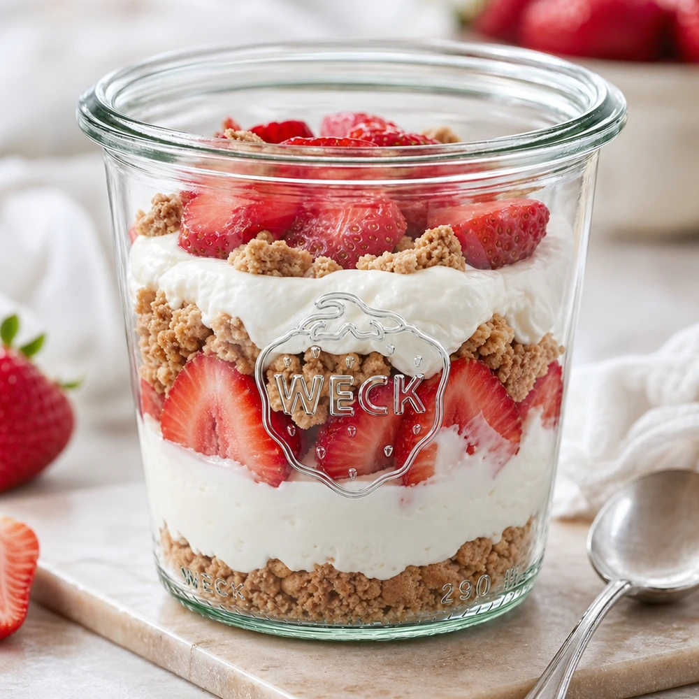 WECK 290ml Sturzglas RR80 mit Erdbeer-Dessert Schichtdessert Joghurt Kekse gefüllt Einmachglas hoch