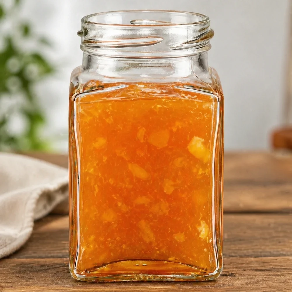 UNiTWIST Tetra260 4-Eckglas 260ml TO58 mit orangefarbenem Inhalt auf Holztisch quadratisches Marmeladenglas