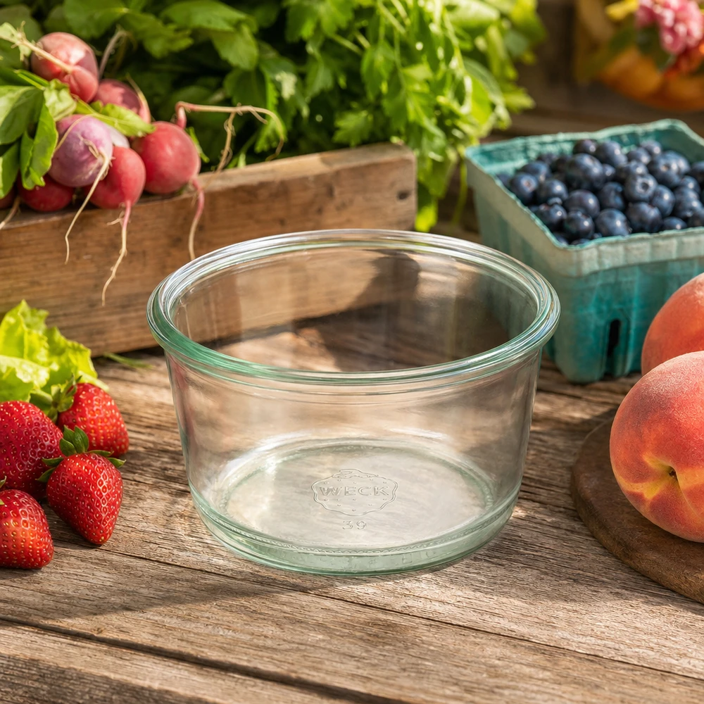 Leeres WECK Gourmetglas RR80 165ml auf Holztisch umgeben von frischen Früchten wie Erdbeeren Blaubeeren und Pfirsich