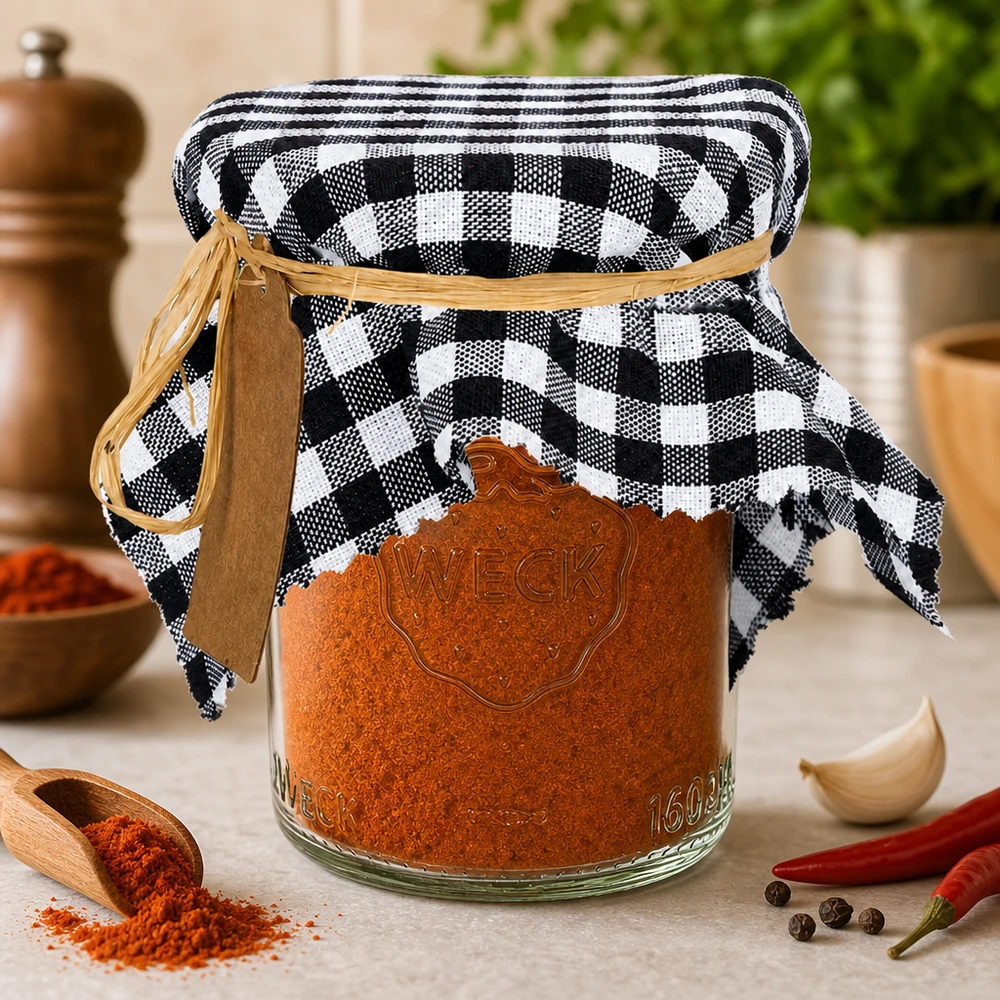 Stoff Schmuckdeckchen schwarz-kariert 15cm eckig Schwarz-weiß kariertes Schmuckdeckchen mit Paprika-Gewürz im Weckglas Küchendeko mit Chili und Knoblauch 15cm eckig