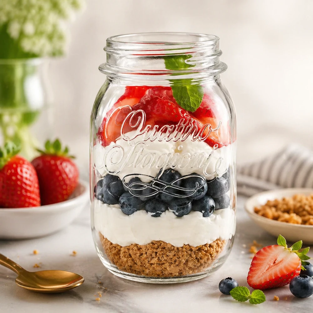 500ml Rundglas "Quattro Stagioni" QS70mm 500ml Quattro Stagioni Haushaltsglas mit Schichtdessert aus Keksboden Joghurt Blaubeeren und Erdbeeren gefüllt