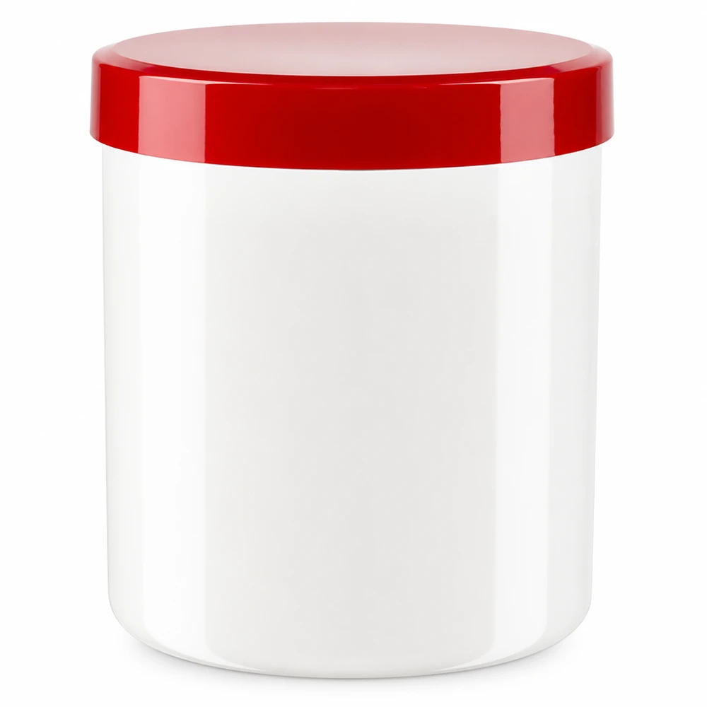 Salbenkruke 50g weiß mit rotem Schraubdeckel (Polypropylen) Salbenkruke 50g weiß PP-Kunststoff mit rotem Schraubdeckel für professionelle Abfüllung