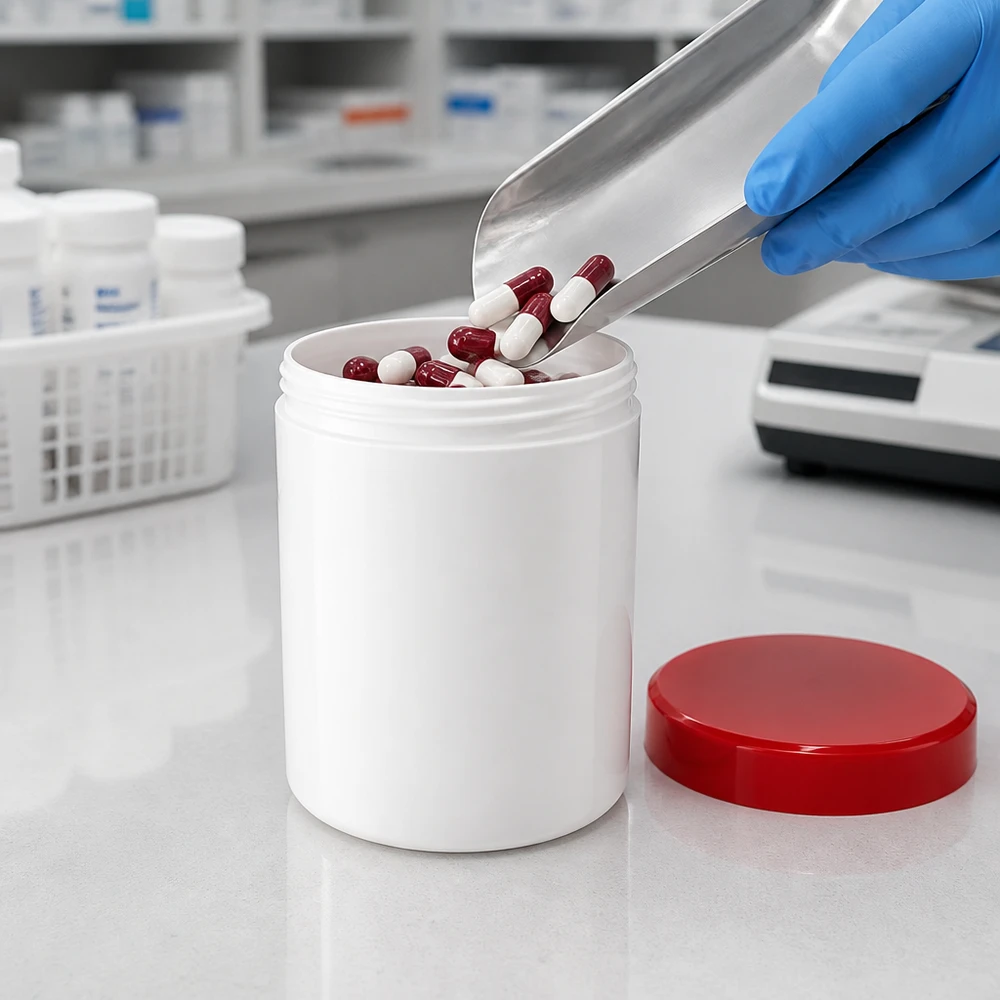 Salbenkruke 100g weiß mit rotem Schraubdeckel (Polypropylen) Salbenkruke 100g weiß Polypropylen mit rotem Schraubdeckel für pharmazeutischen Fachhandel