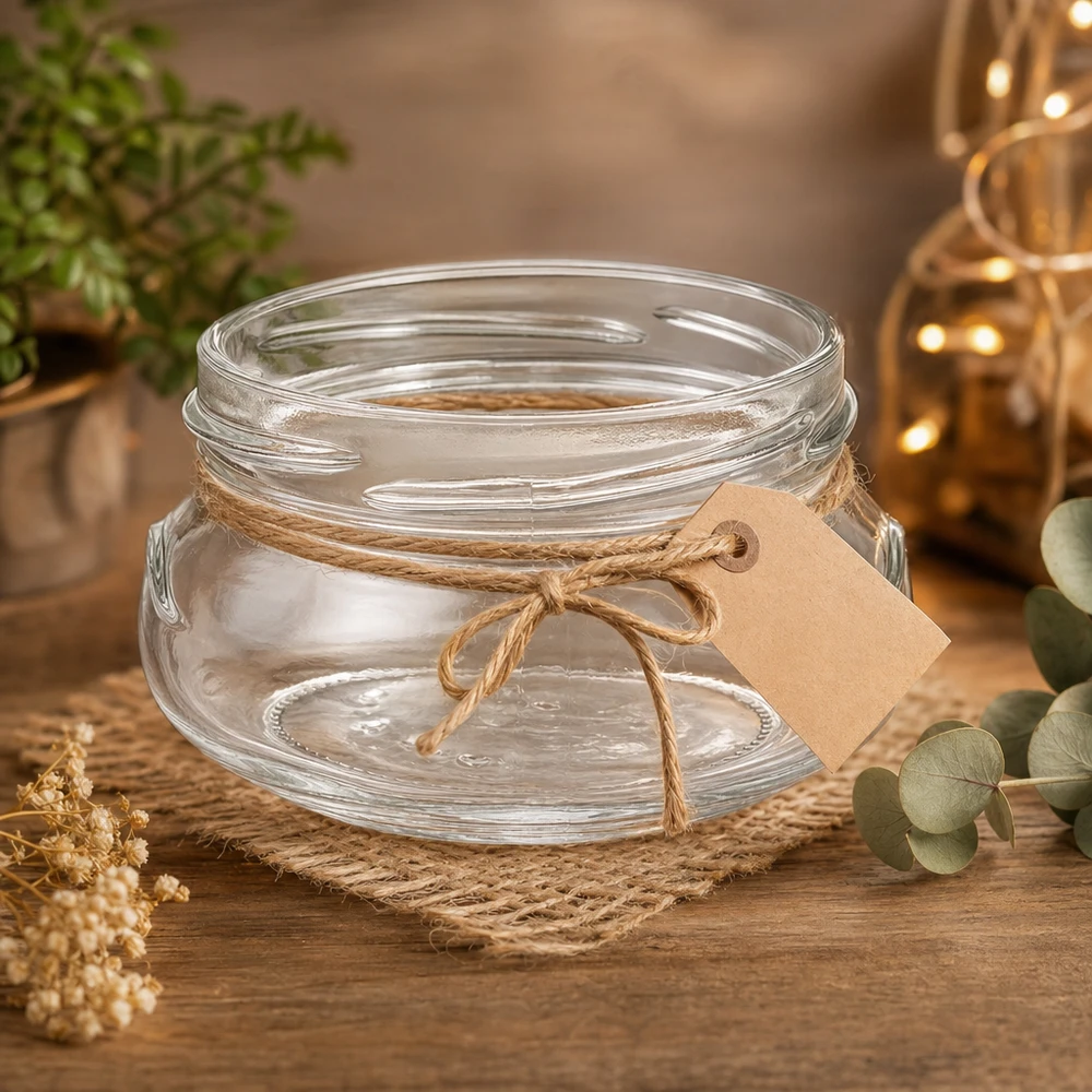 UNiTWIST Terrina120 Einmachglas 120ml TO70 mit Juteschnur und Etikett auf Holztisch rustikal dekoriert