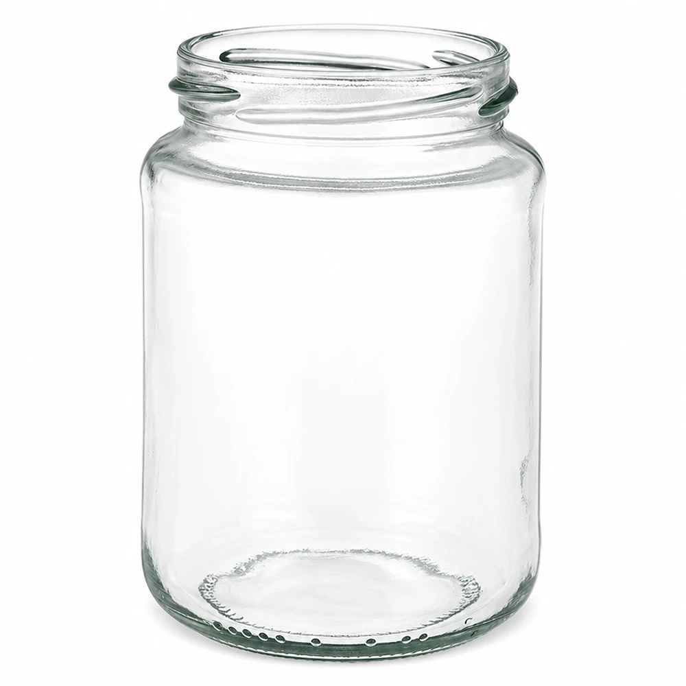 Leeres UNiTWIST Runda382 Rundglas 382ml mit TO66 Gewinde transparent auf weißem Hintergrund