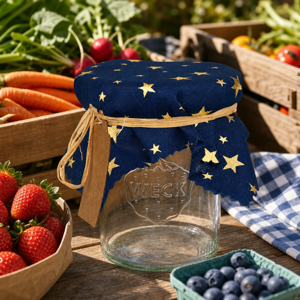 Stoff Schmuckdeckchen blau "Sterne" 15cm eckig Blaues Schmuckdeckchen mit goldenen Sternen auf Weck-Glas umgeben von frischen Früchten und Gemüse 15cm eckig