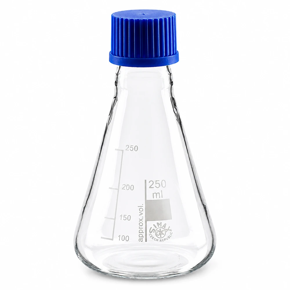 Erlenmeyerkolben 250ml Glas mit blauer Schraubkappe für professionelle Laboranwendungen bei Pacadura.de