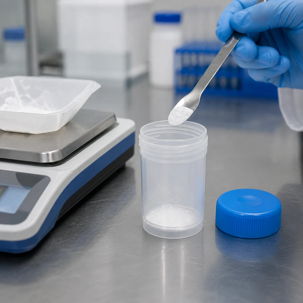 Kunststoffdose 20ml Pathogefäß mit blauem Schraubdeckel im Labor für professionellen Einsatz