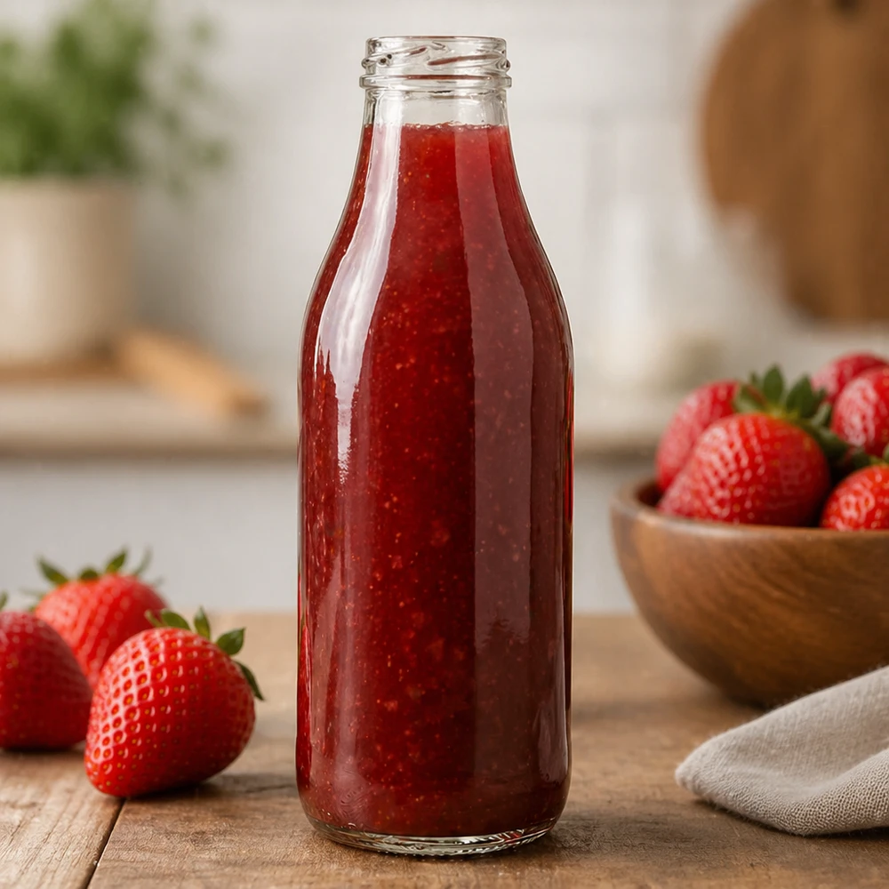 1000ml Glasflasche TO48 UNiTWIST mit Erdbeersaft gefüllt in Küche Anwendungsbeispiel rote Smoothie Flasche