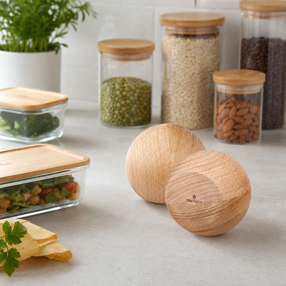 UNiTWIST Holzkugeln Buche WECK RR80 in professioneller Küche - Anwendung mit Vorratsgläsern und Lebensmitteln