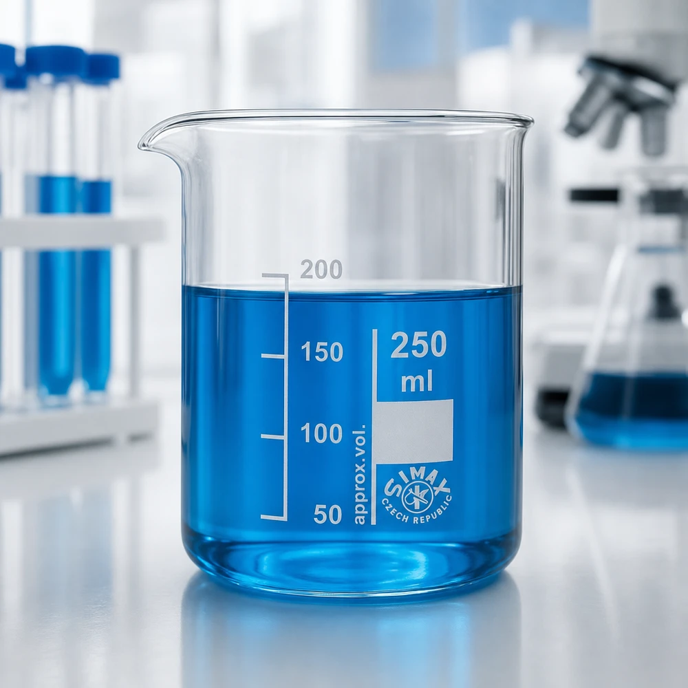Becherglas 250ml Borosilikatglas, niedrige Form Becherglas 250ml Borosilikatglas niedrige Form für Labor und Industrie mit blauer Flüssigkeit gefüllt