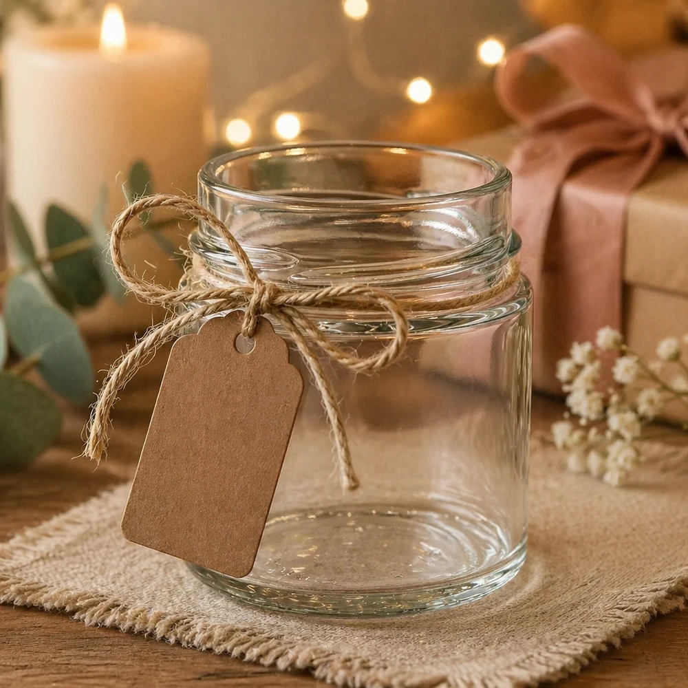 UNiTWIST Rundglas 135ml TO58deep leer mit Juteschnur und Kraftpapier-Anhänger auf rustikalem Holztisch dekoriert