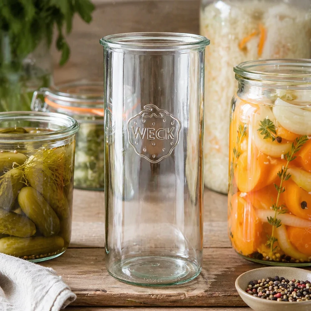 WECK Sturzglas 1500ml RR100 leer neben gefüllten Einmachgläsern mit Gemüse und Gewürzen auf Holztisch