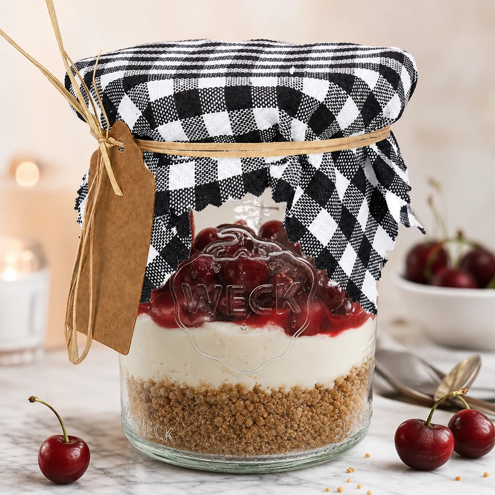 Stoff Schmuckdeckchen schwarz-kariert 12cm eckig Vichy-Karo Stoffdeckchen schwarz-weiß auf Dessert-Weckglas mit Kirschen, dekorative Glasabdeckung 12cm eckig