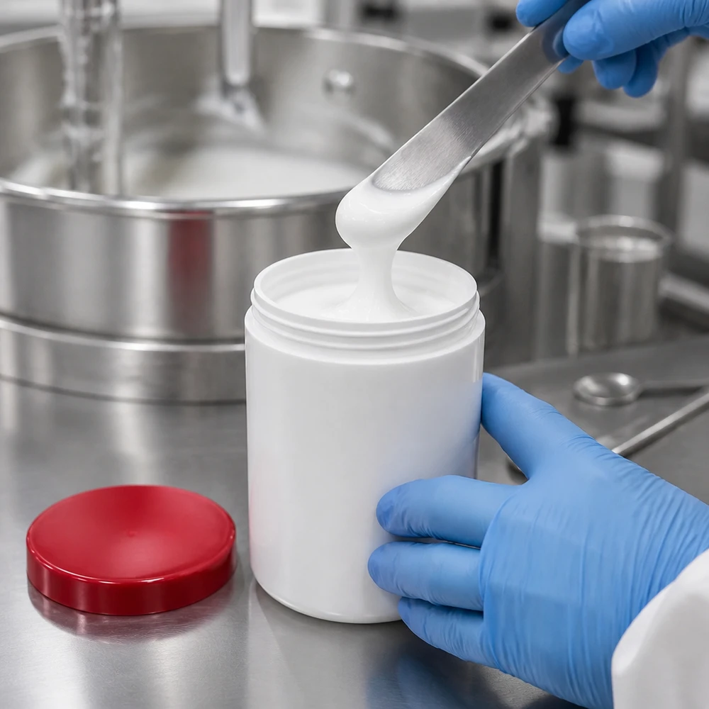 Salbenkruke 250g weiß PP-Kunststoff mit rotem Schraubdeckel für professionelle Abfüllung pharmazeutischer Cremes