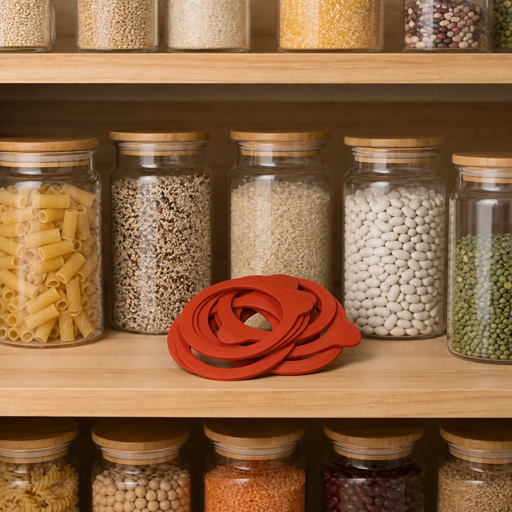 Einkochring Naturgummi RR60 Einkochring RR60 Naturgummi orange in Vorratsküche mit Einmachgläsern voller Hülsenfrüchte Getreide Pasta