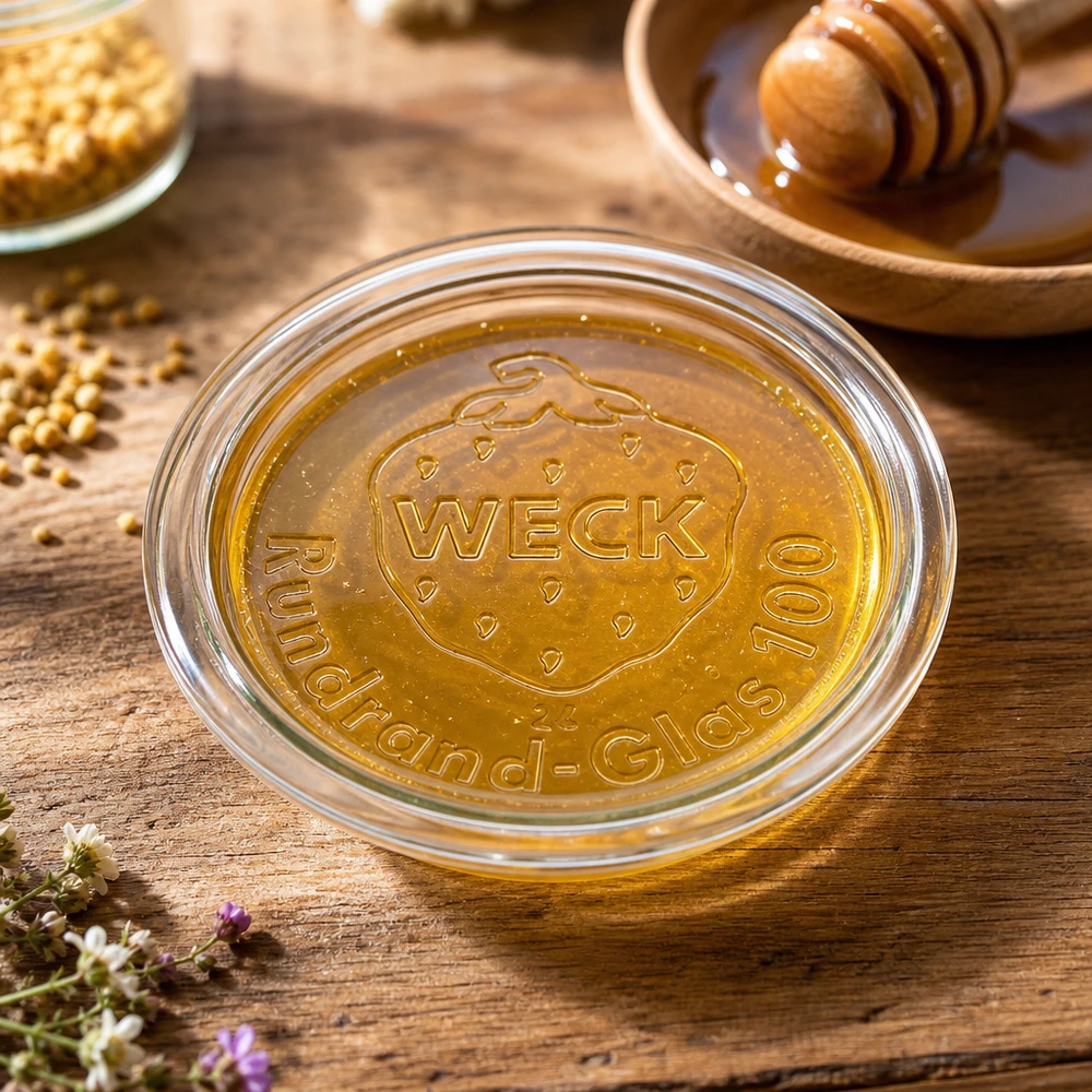 WECK Glasdeckel RR100 WECK Glasdeckel RR100 mit Honig befüllt auf rustikalem Holztisch neben Bienenwaben und Honiglöffel