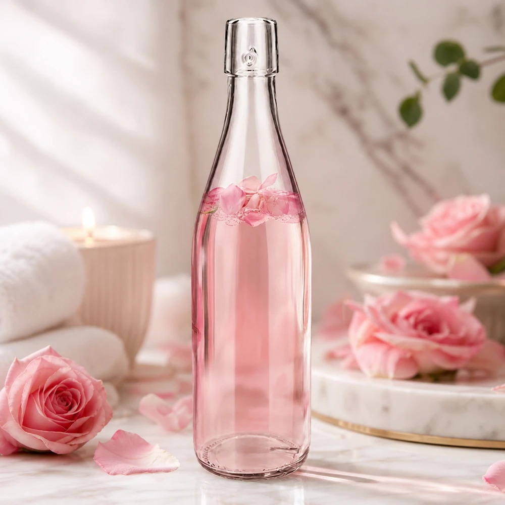 500ml UNiTWIST Glasflasche mit Rosenwasser befüllt in romantischer Deko-Szene mit rosa Rosen als Lifestyle-Anwendung