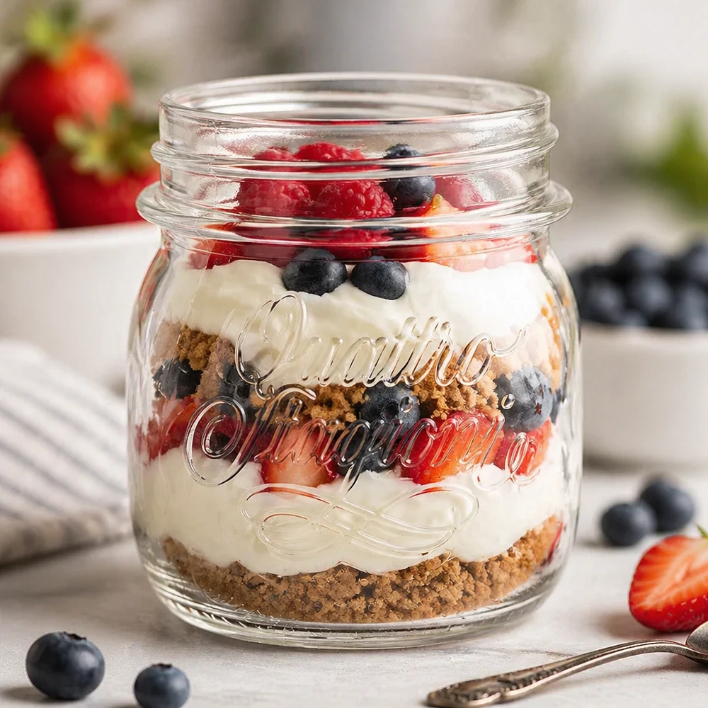 Quattro Stagioni 250ml Glas mit Schichtdessert aus Keksboden Creme und Beeren als Haushaltsglas für Aufbewahrung