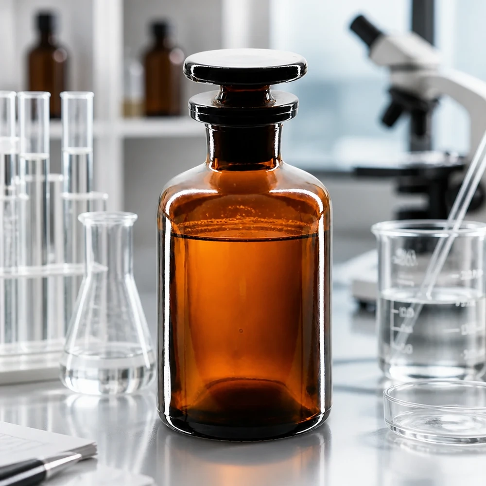 Braune Enghals-Rundschulterflasche 50ml mit Glasstopfen für Labor und Fachhandel bei Pacadura