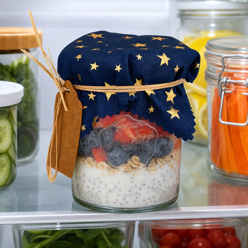 Kühlschrank-Aufbewahrung mit blauem Sternen-Stoffdeckchen auf Overnight-Oats zwischen frischen Gurken und Säften