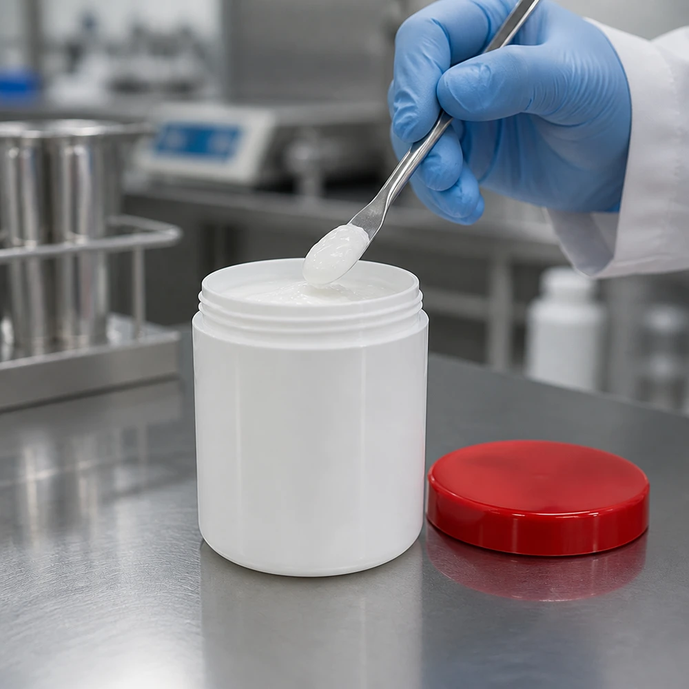 Salbenkruke 250g weiß mit rotem Schraubdeckel (Polypropylen) Salbenkruke 250g weiß PP-Kunststoff roter Schraubdeckel Labor pharmazeutische Abfüllung professionell