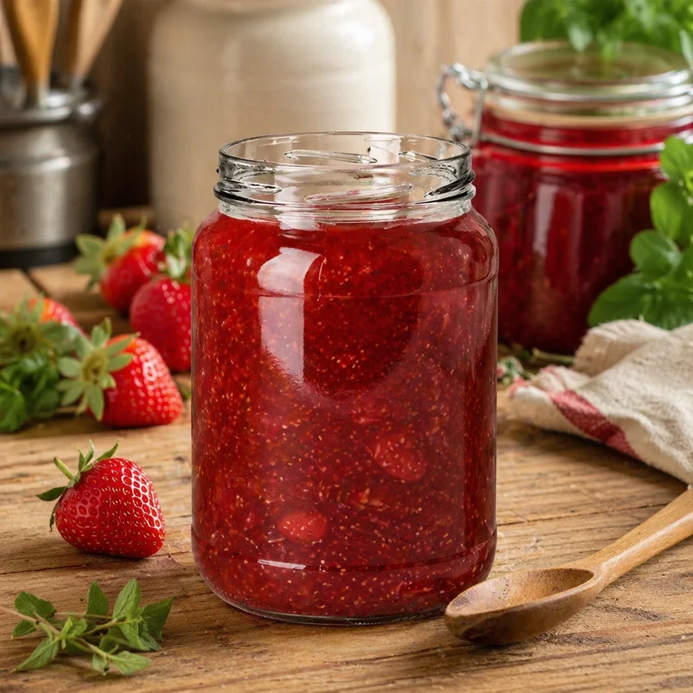 UNiTWIST Runda1700 Sturzglas mit Erdbeermarmelade gefüllt 1700ml TO100 Einkochen Vorratsglas Küche Holztisch