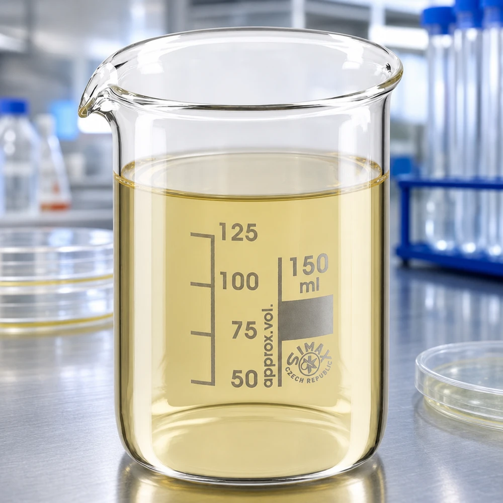 Becherglas 150ml Borosilikatglas niedrige Form mit gelblicher Flüssigkeit für professionelle Laboranwendungen