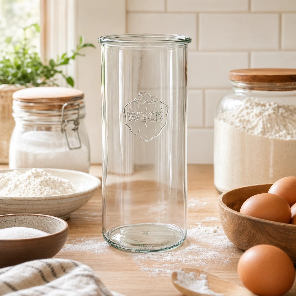 1500ml Sturzglas WECK RR100 1500ml WECK Sturzglas RR100 Vorratsglas aus Glas in rustikaler Küche mit Eiern und Mehl auf Holzarbeitsplatte