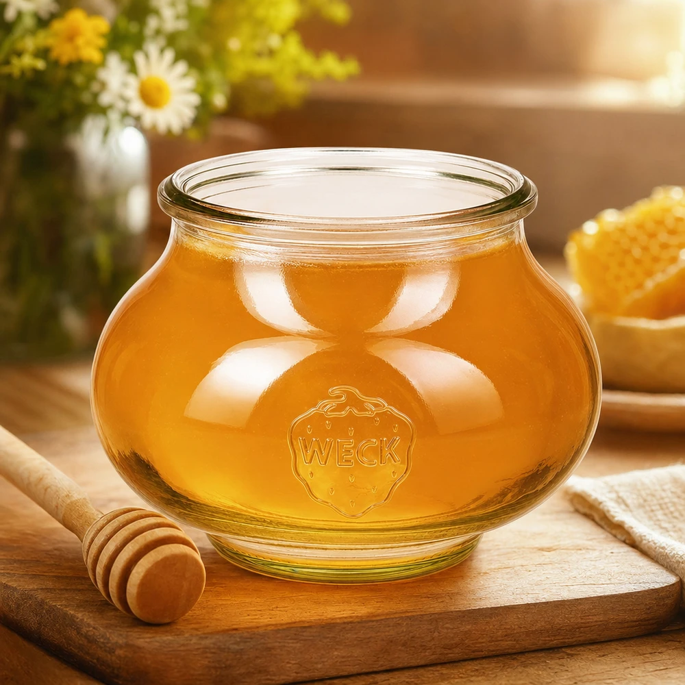 WECK Schmuckglas 560ml RR80 mit goldglänzendem Honig gefüllt, Honiglöffel und Wabe auf Holzbrett