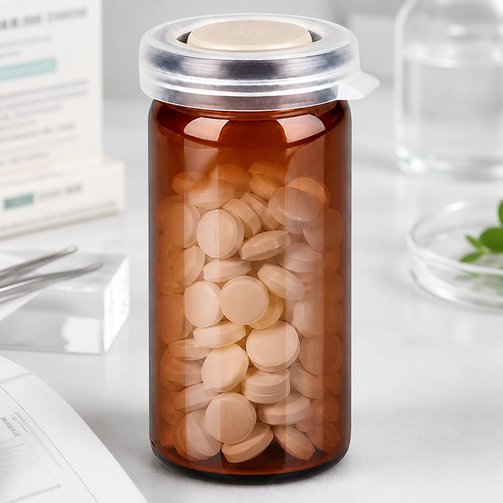 Braunes Rollrandglas 10ml mit Schnappdeckel gefüllt mit Tabletten für professionelle pharmazeutische Abfüllung