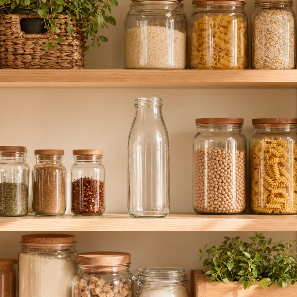 500ml Glasflasche ohne Deckel (TO48) UNiTWIST 500ml Glasflasche TO48 UNiTWIST ohne Deckel im professionellen Vorratsregal zwischen Gewürzen und Pasta-Gläsern