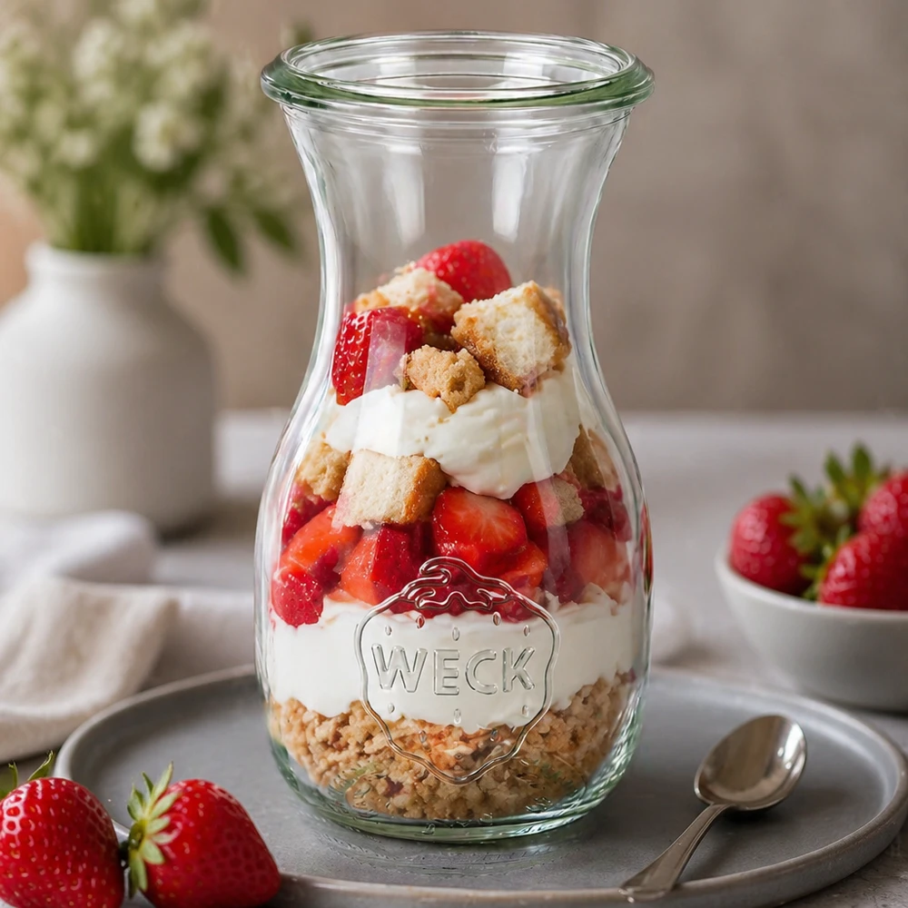 290ml Saftflasche WECK RR60 WECK Saftflasche 290ml RR60 als Dessertglas mit Erdbeeren Sahne und Keksen gefüllt auf grauem Teller dekoriert