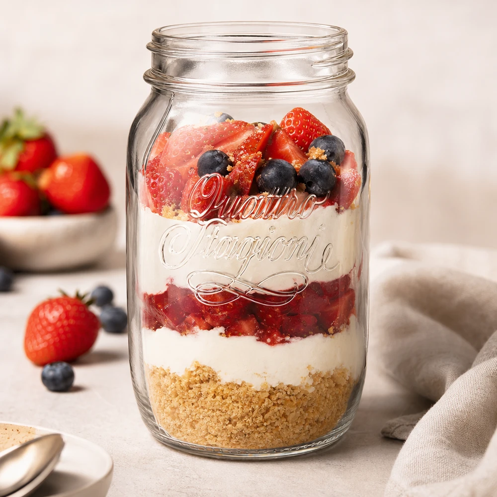 Quattro Stagioni 1000ml Haushaltsglas mit geschichtetem Dessert aus Keksboden Sahne und frischen Beeren