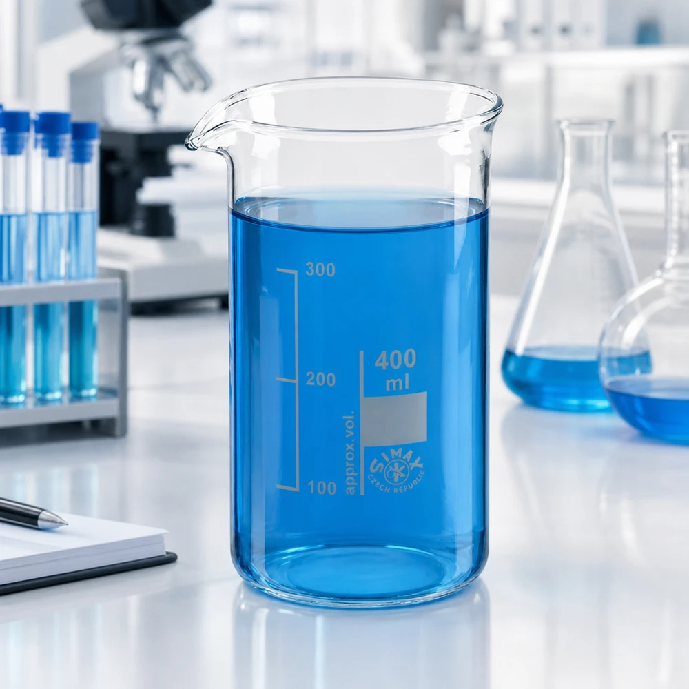 Becherglas 400 ml hohe Form aus Borosilikatglas mit blauer Flüssigkeit im Labor für professionellen Einsatz
