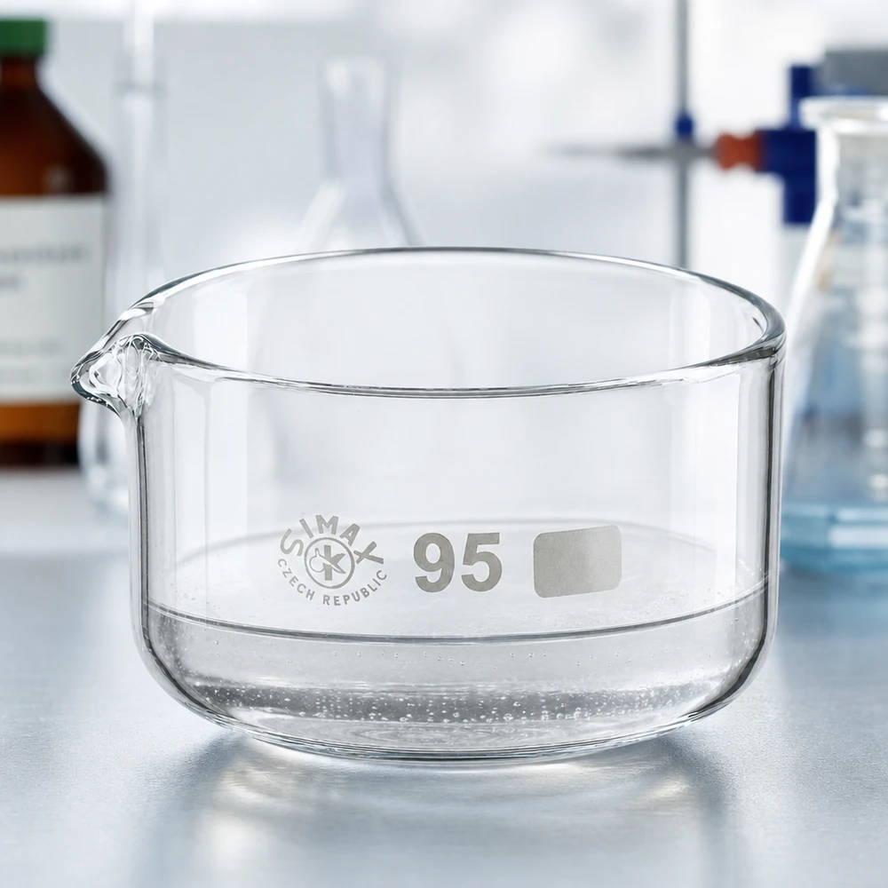 300ml Kristallisierschale mit Ausguss Borosilikat ø95mm Kristallisierschale 300ml Borosilikatglas mit Ausguss Boden-ø95mm SIMAX für Labor und Industrie