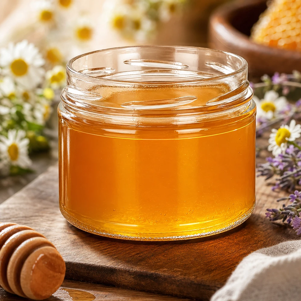 UNiTWIST Runda540 Sturzglas 540ml TO100 gefüllt mit goldgelbem Honig Holzbrett Kamillenblüten Honiglöffel natürlich