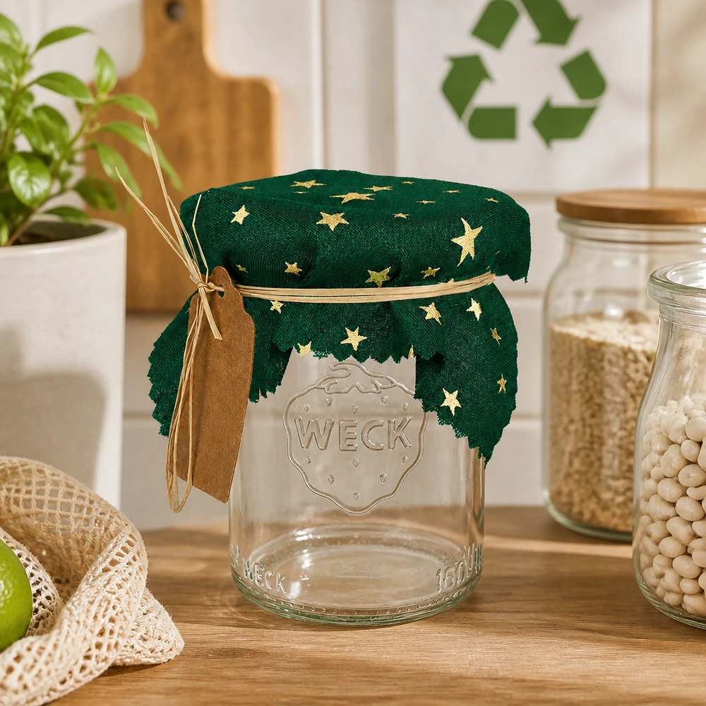 Grünes Sterne-Schmuckdeckchen mit Raffia-Band und Anhänger auf Weck-Glas in nachhaltiger Küche 12cm eckig