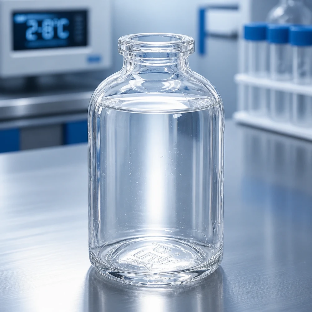 Injektionsflasche 50ml Klarglas für pharmazeutischen und gewerblichen Einsatz auf Laboroberfläche