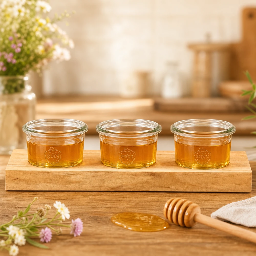 Servierbrett Plano3 mit 3 Weck Sturzgläsern 80ml Servierbrett Plano3 mit 3 Weck Sturzgläsern 80ml gefüllt mit goldenem Honig neben Honiglöffel auf Holztisch