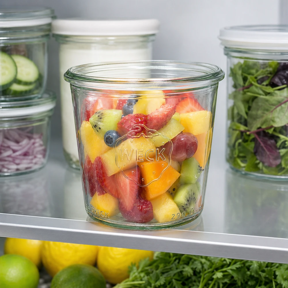 290ml WECK Sturzglas hoch RR80 mit buntem Obstsalat gefüllt im Kühlschrank neben anderen Einmachgläsern