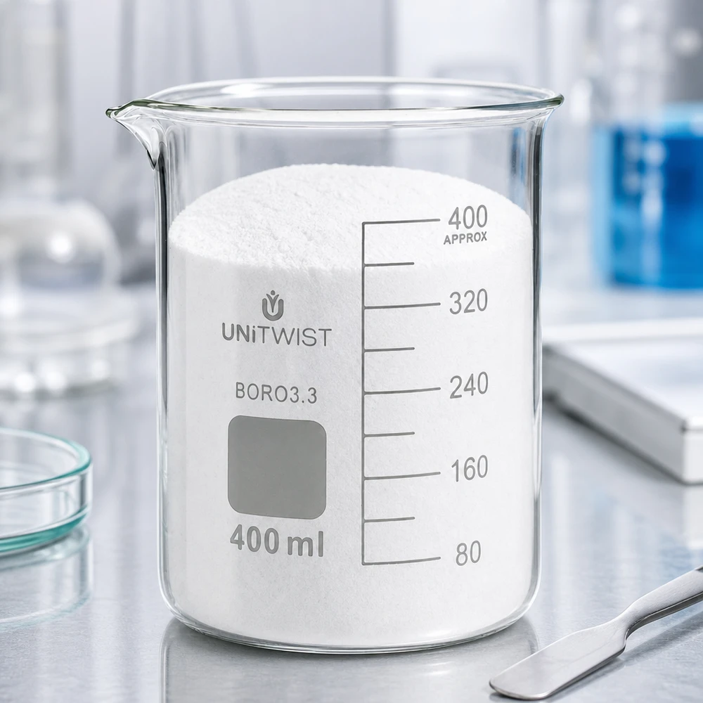 Becherglas 400ml Borosilikat niedrige Form UNiTWIST mit weißem Pulver gefüllt im Labor