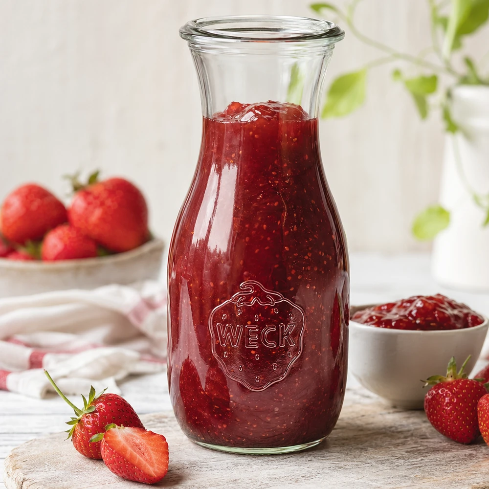 530ml WECK Saftflasche RR60 mit Erdbeermarmelade gefüllt neben aufgeschnittenen Erdbeeren und weißer Schüssel