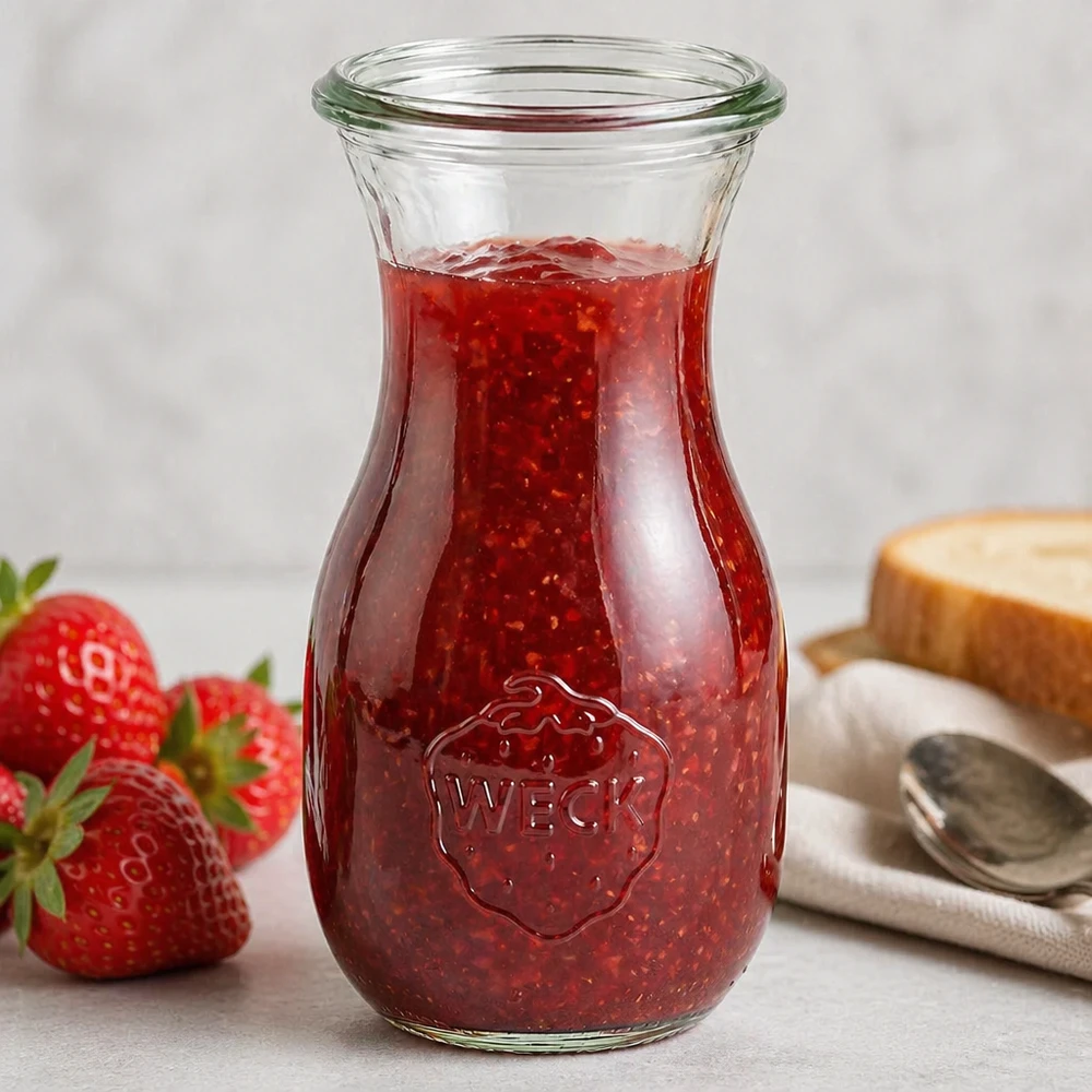 290ml Saftflasche WECK RR60 Gefüllte WECK Saftflasche 290ml RR60 mit roter Erdbeermarmelade und sichtbarem Firmenlogo auf weißer Oberfläche