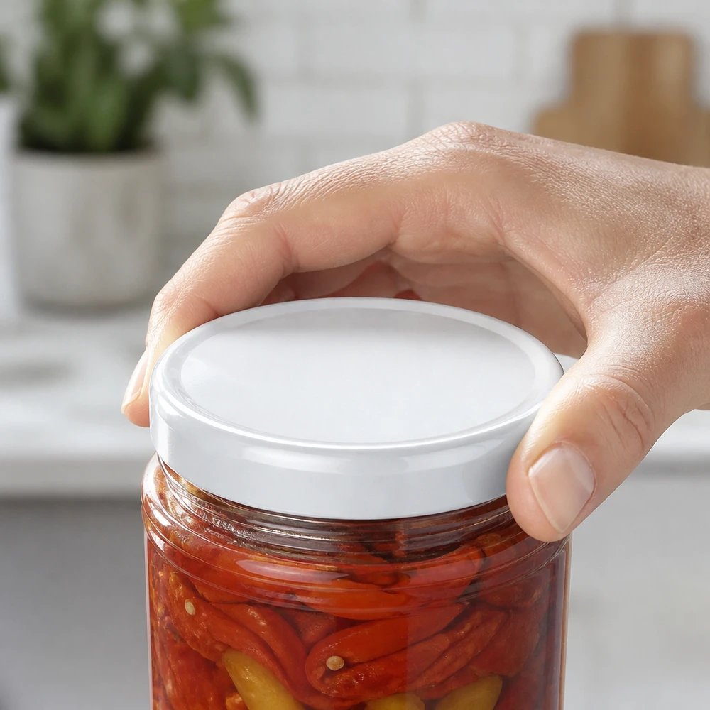 58mm BasicSeal TO58 Weißblechdeckel auf Einmachglas mit eingelegten Paprika Profi-Verschluss Pacadura