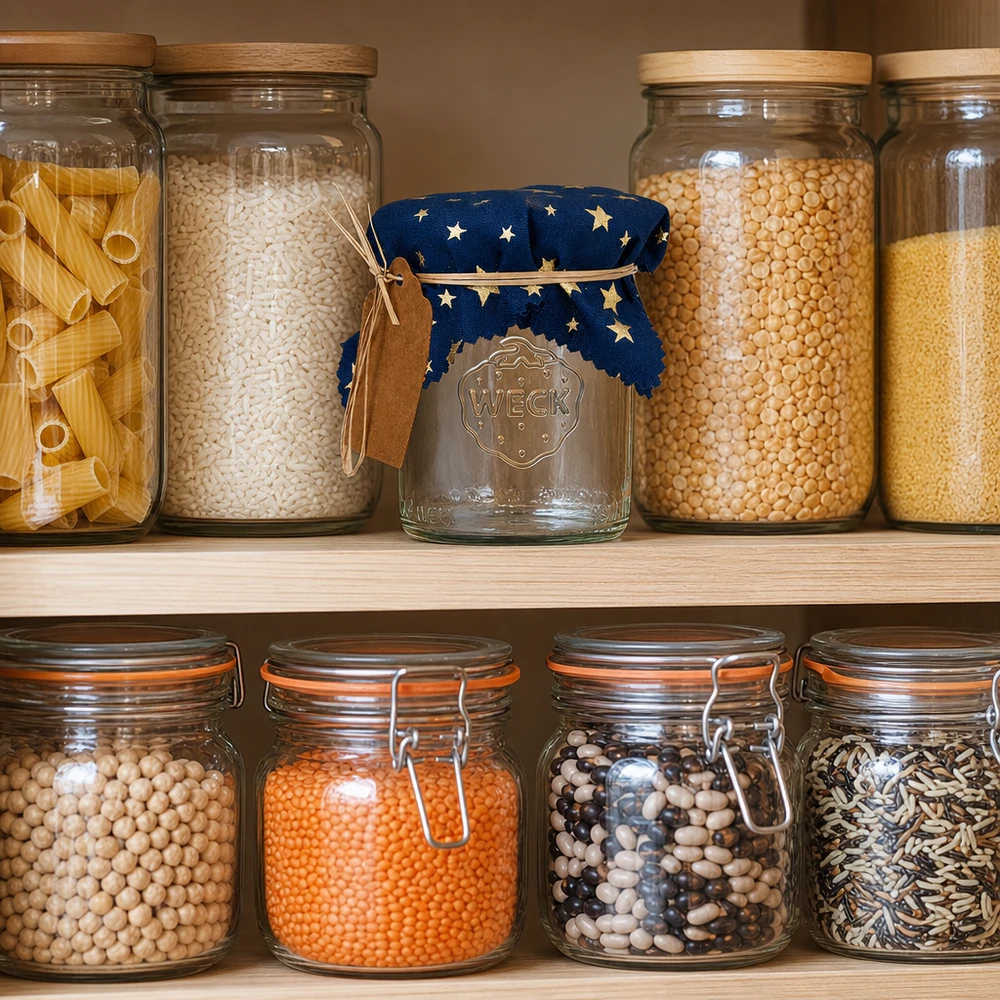 Pantry-Organisation mit blauem Sterne-Stoffdeckchen auf Vorratsglas zwischen verschiedenen Hülsenfrüchten und Getreide