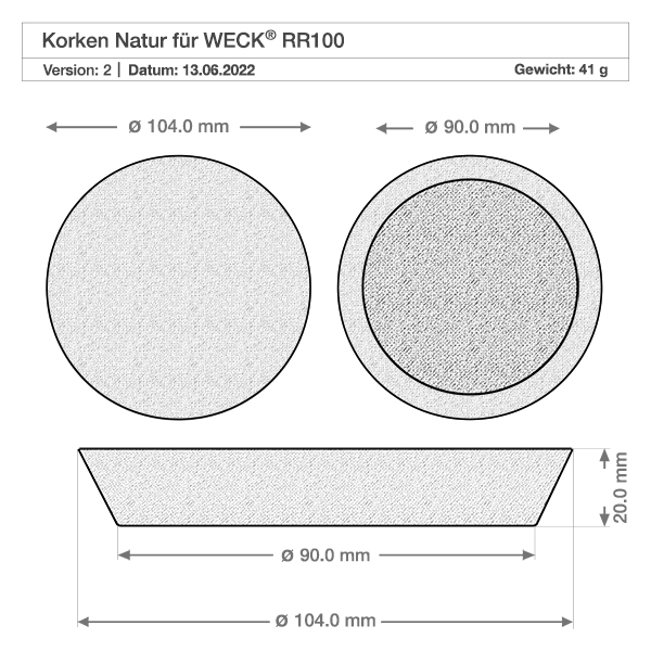 Korken für Öffnung 94mm WECK RR100 (ø90/104, H=20mm) Technische Zeichnung WECK RR100 Korken mit Maßangaben 104mm 90mm Durchmesser 20mm Höhe Gewicht 41g Naturkork