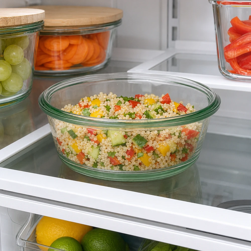 300ml Gourmetglas WECK RR120 WECK RR120 Gourmetglas 300ml im Kühlschrank mit Quinoa-Salat zeigt praktische Aufbewahrung von Meal Prep Gerichten