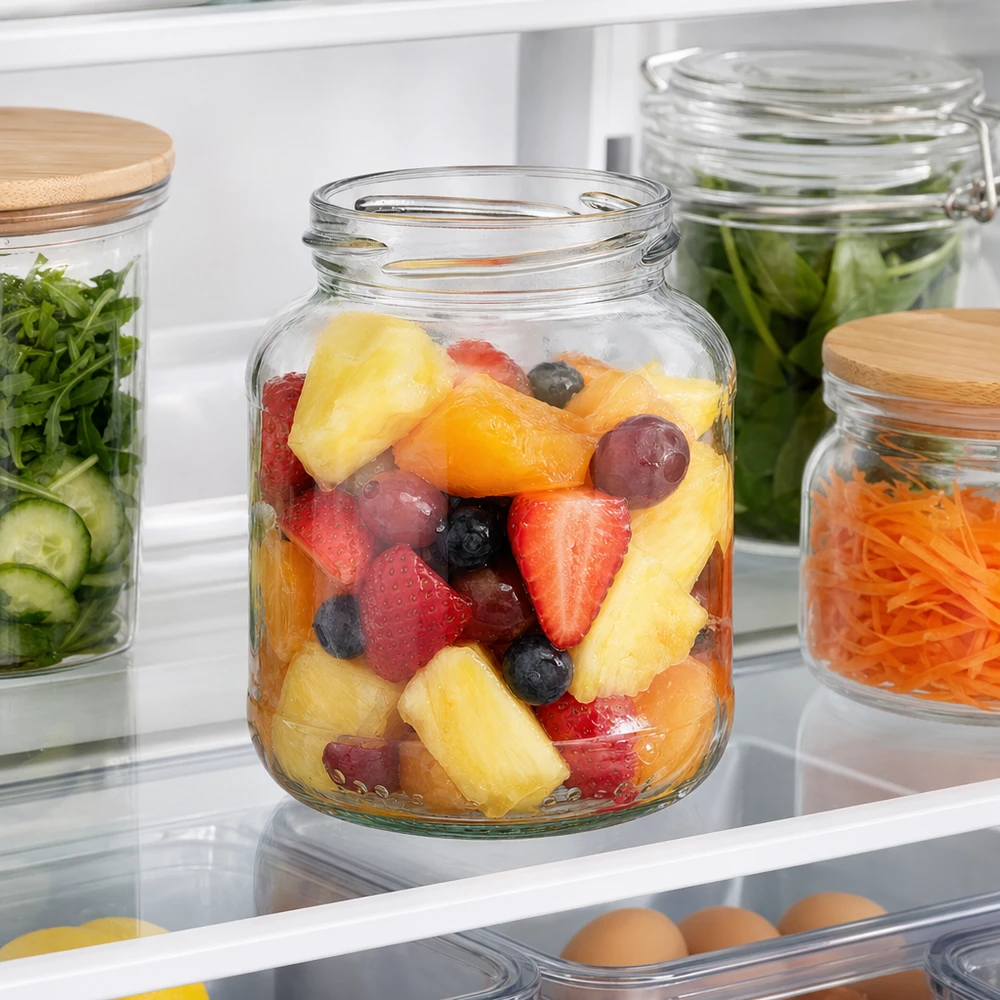 UNiTWIST Oval370 Einmachglas 370ml mit Obstsalat im Kühlschrank neben anderen Vorratsgläsern mit Gemüse