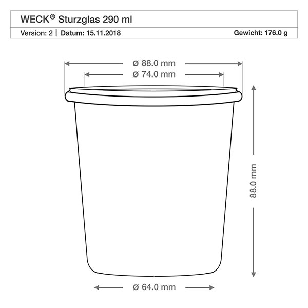 290ml Sturzglas hoch WECK RR80 Technische Zeichnung WECK Sturzglas 290ml RR80 mit Maßangaben Durchmesser 88mm Höhe 88mm für Gewerbekunden